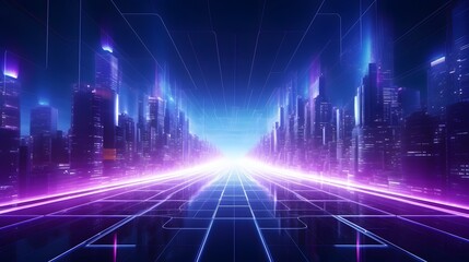 Futuristic cityscape background with glowing blue lines. High-tech skyscrapers. Generative AI.