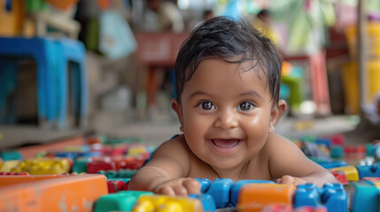 cute indian baby playing with toy on the floor at home