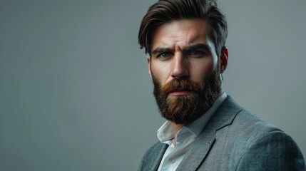 Obraz premium Stylish handsome bearded businessman looking at camera isolated on grey