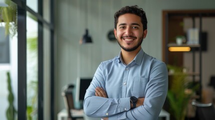 Obraz premium Confident young Arab man standing in office with arms crossed.