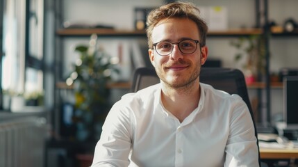 Fototapeta premium Young confident entrepreneur sitting in modern office smiling and looking at camera.