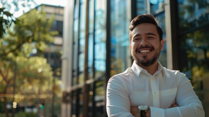 Obraz premium Happy Hispanic businessman in city with arms crossed smiling.