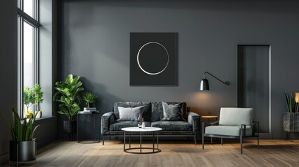 Modern minimalism: a floating circle on a sleek charcoal grey solid colored canvas.