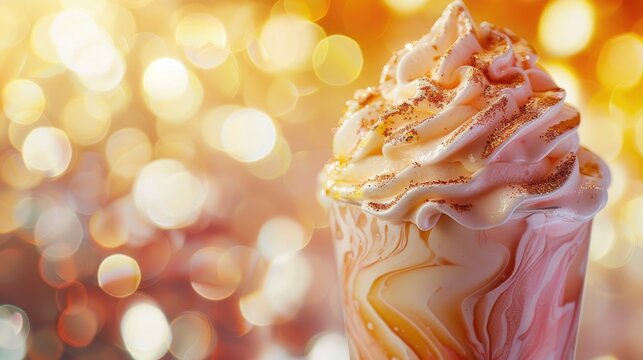 A detailed close-up of an ice cream float with intricate patterns, captured against a sophisticated backdrop with professional summer lighting and copy space