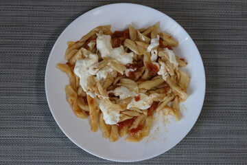Piatto di fusilli con sugo di pomodoro e cipolla con stracciatella di bufala.