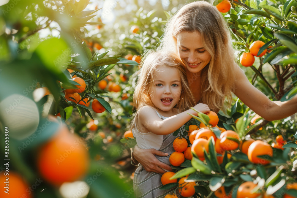 Wall mural Blonde Mother and Daughter Picking Tangerines