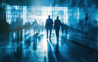 Fototapeta premium Silhouette of Business People Walking in Modern Airport Terminal at Sunrise