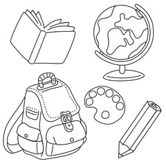 Cute cartoon school supplies like pencils, books and backpacks in a vector illustration set for coloring and learning