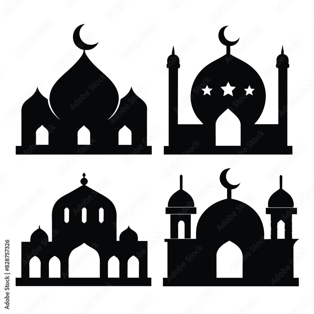 Wall mural Set of Islamic ornament icons with mosque black vector on white background - Wall murals