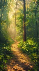 Obraz premium Tranquil Woodland Trail Bathed in Soft Golden Sunlight