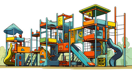 Colorful playground structure with slides, ladders, and climbing areas, ideal for children's activities and outdoor fun.