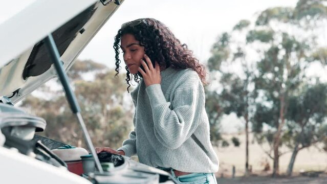 Phone call, nature and woman with engine breakdown for stress in accident, crisis or disaster. Emergency, communication and female driver on mobile conversation for help with car oil check on travel.