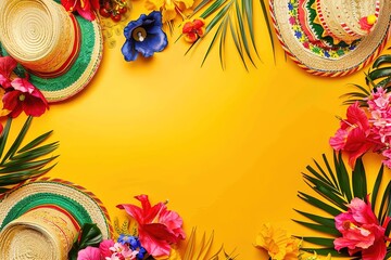 Colorful Festa Junina frame with flowers and straw hats on a yellow background.