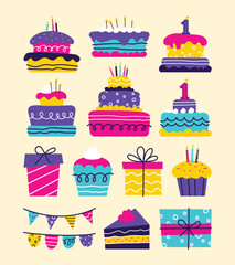 Flat Colorful Birthday Cake Icon Set