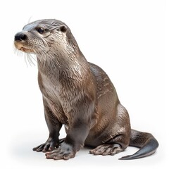A cute otter is sitting on a white background. The otter is looking to the left of the frame.