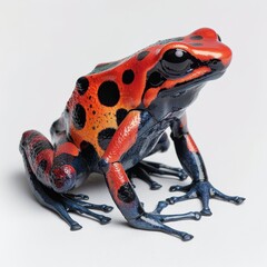A studio shot of a red and blue poison dart frog on a white seamless background.