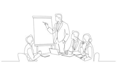 Continuous one line drawing of business manager giving marketing plan presentation for team members, business meeting concept, single line art.