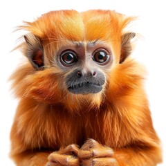 The image shows a cute and adorable baby monkey with big eyes and a golden-brown fur, looking at the camera with a curious expression.