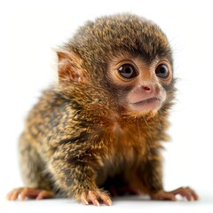 The photo shows a Pygmy Marmoset with big eyes and a tiny body, sitting on a white background.