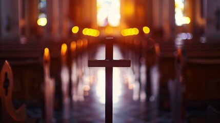 Naklejka premium a cross in a church with a blurry background