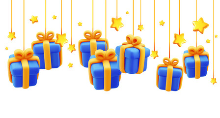 3d style holiday template design of blue color present box on white background. Vector illustration of cartoon gift box with golden ribbon and star hanging by thread. Festive gift surprise