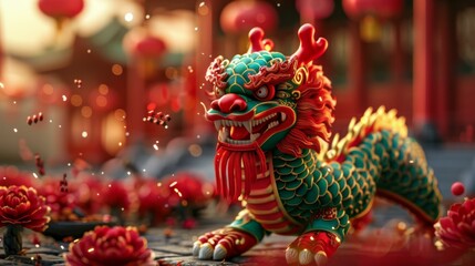 Fototapeta premium Dragon and Lion Dance Performance During Lantern Festival