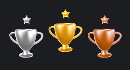 Vector set of illustration of shine golden, silver and bronze color winner cup with star on black background. 3d style design of champion cup. First place award
