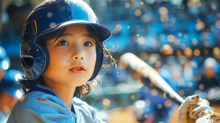 A young Japanese boy in a blue baseball uniform and helmet, holding a bat ready to hit a ball
