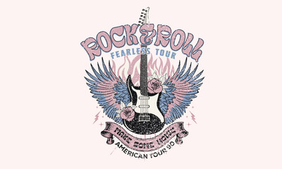 Music guitar with rose flower. Bird wing vintage artwork for apparel, stickers, posters, background and others. Eagle music poster design.  Fearless rock tour artwork. Make some noise.