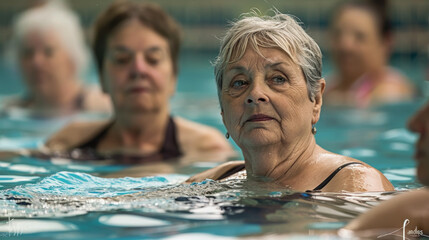 Obraz premium A woman in a black bathing suit is in the water with other people