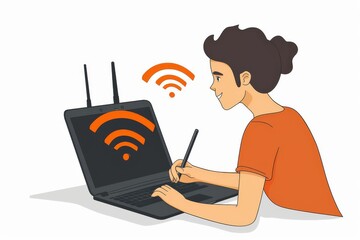 Woman working on a laptop with digital cloud symbols, representing cloud computing and online collaboration