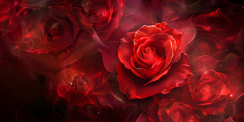 A single red rose on a background of swirling leaves and light