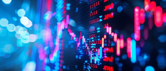 Obraz premium Abstract digital screen with stock market data and glowing charts. Blue and red colors dominate the display, representing financial trends.