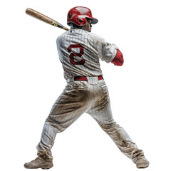 Action shot of the back and front of a baseball player athlete holding a bat against a white background, in a realistic photo