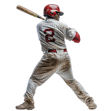 Action shot of the back and front of a baseball player athlete holding a bat against a white background, in a realistic photo