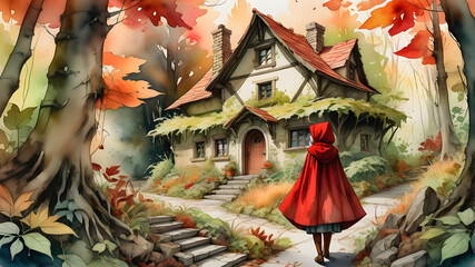 Little Red Riding Hood in the forest with a basket and a wolf