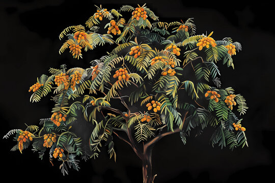 Tamarind (Tamarindus indica) (Colored Pencil) - Africa & Asia - Wide-spreading canopy and compound leaves. They produce pod-like fruits with a tangy, sweet-sour pulp used in culinary preparations 