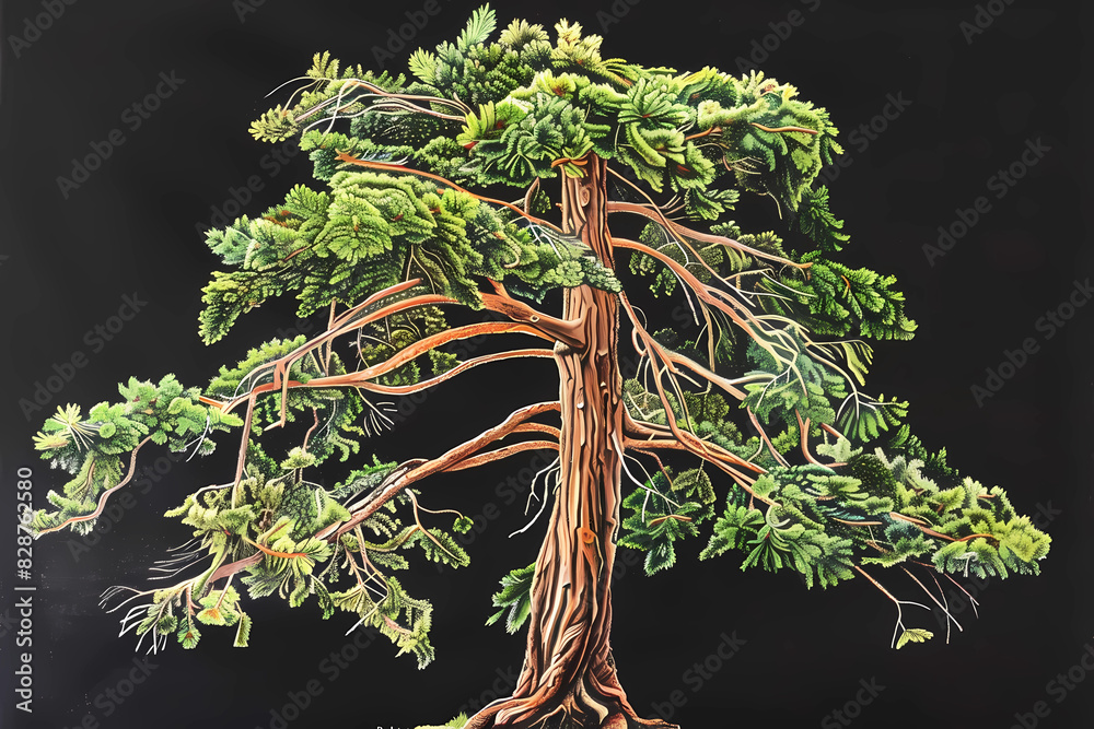 Poster Western red cedar (Thuja plicata) (Colored Pencil) - North America - A large evergreen tree with reddish-brown bark and aromatic wood. It is used for various purposes, including building materials 