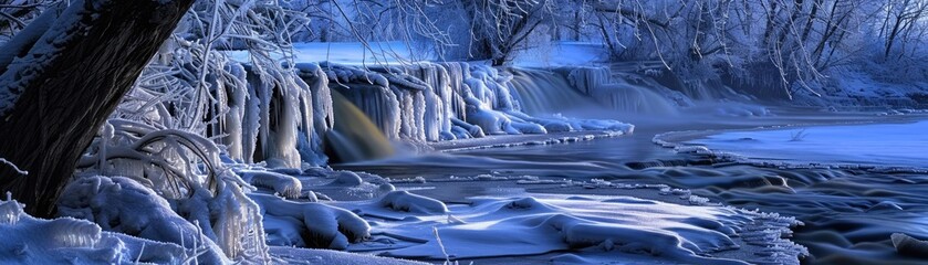 A serene winter scene with a partially frozen waterfall, snow-covered trees, and a tranquil river flowing under a clear blue sky at dawn. - Powered by Adobe
