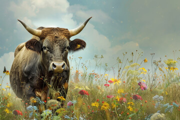 A cow is standing in a field of flowers