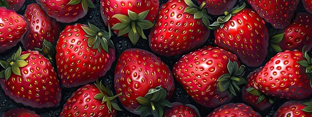 Strawberry background. Ripe juicy 3d strawberry illustration. Berry background. Strawberry pattern for printing on fabric, paper, wallpaper. Strawberry wallpaper, print, banner. Fruit background.