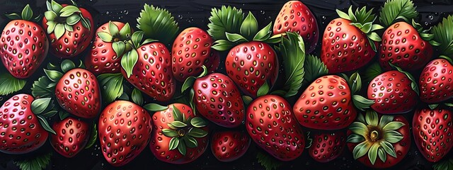 Strawberry background. Ripe juicy 3d strawberry illustration. Berry background. Strawberry pattern for printing on fabric, paper, wallpaper. Strawberry wallpaper, print, banner. Fruit background.