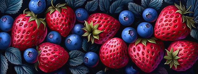 
Strawberry and blueberry background illustration. Berry background art. Strawberry pattern for printing on fabric, paper, wallpaper. Strawberry wallpaper, print, banner. Fruit background.