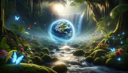 Mystical Morning Light with Earth Floating in Tropical Stream