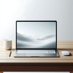 Fototapeta premium A modern laptop on a wooden table. Generative AI