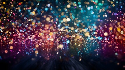 Obraz premium Confetti and glitter falling on the floor. Bright blurred background. Generative AI.