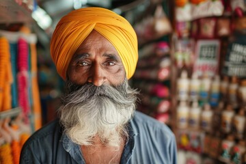 Obraz premium Portrait of Indian sikh man seller with bushy beard at shop