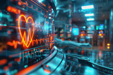 EKG readout of a steady heartbeat full screen on a futuristic round monitor, Abstract background