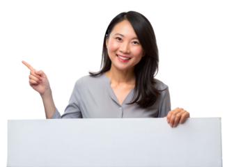 A cheerful woman in a gray shirt, holding and pointing at a blank signboard