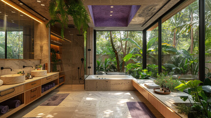 Fototapeta premium Purple shade in contemporary bathroom of a villa hotel by lush jungle